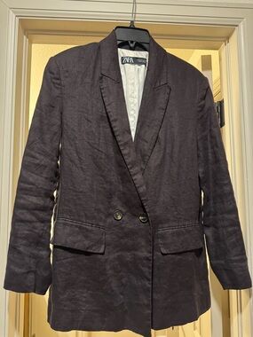 Zara Dark Brown Linen Double-Breasted Blazer